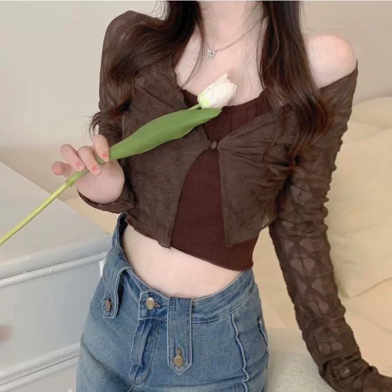 Sét áo kiểu croptop hình trám mix áo 2 dây nâu Quảng Châu