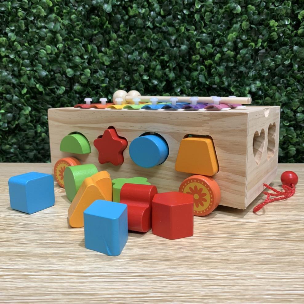 Đồ Chơi Xe Kéo Thả Hình Khối Kèm Đàn Xylyphone 8 Quãng Phát Âm Trong Trẻo Bằng Gỗ, Đồ Chơi Giáo Cụ Montessori
