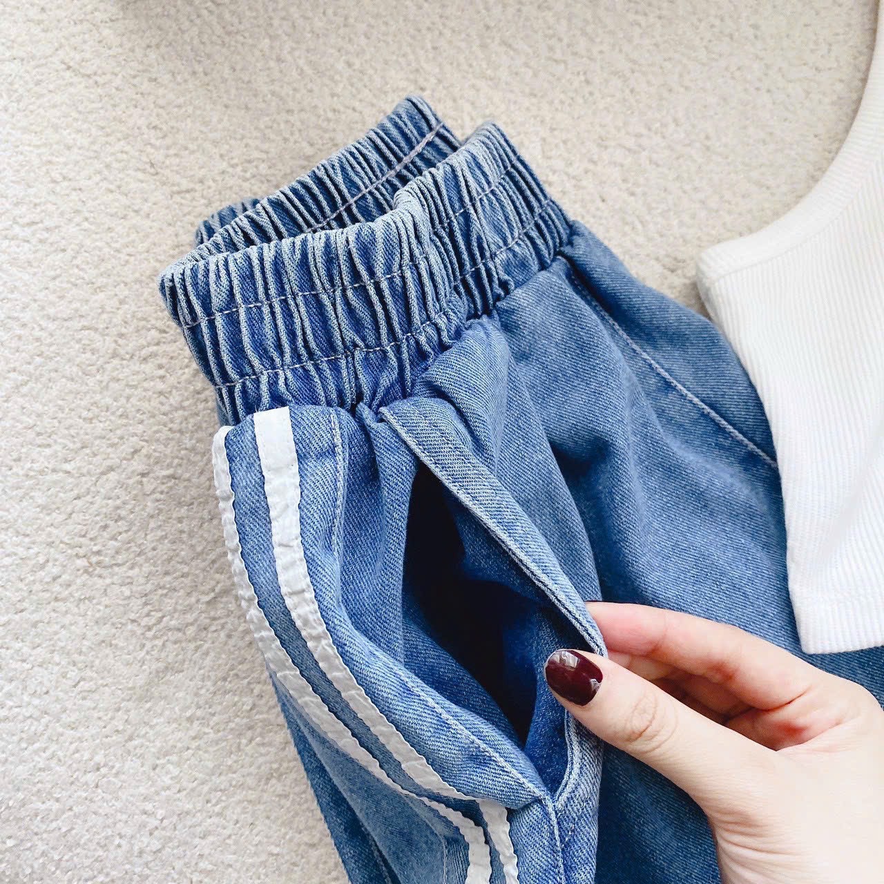 SET QUẦN JEANS ỐNG RỘNG LƯNG THUN CAO DÀI DENIM + ÁO THUN 3 LỖ TRẮNG TRƠN CƠ BẢN BASIC DẠO PHỐ ĐI CHƠI ĐI BIỂN ĐI TIỆC