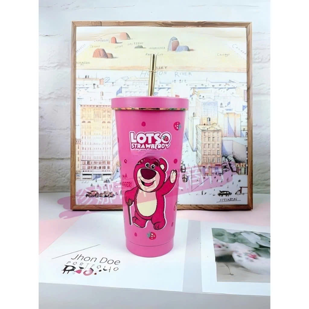 Ly Giữ Nhiệt Lotso Inox 304 Cao Cấp 750ml Kèm Ống Hút, Ly Giữ Nhiệt Gấu Dâu Hoạt Hình Dễ Thương Giữ Nhiệt 8-12h - Tặng Kèm Túi Đựng - HÀng Chính Hãng MINIIN