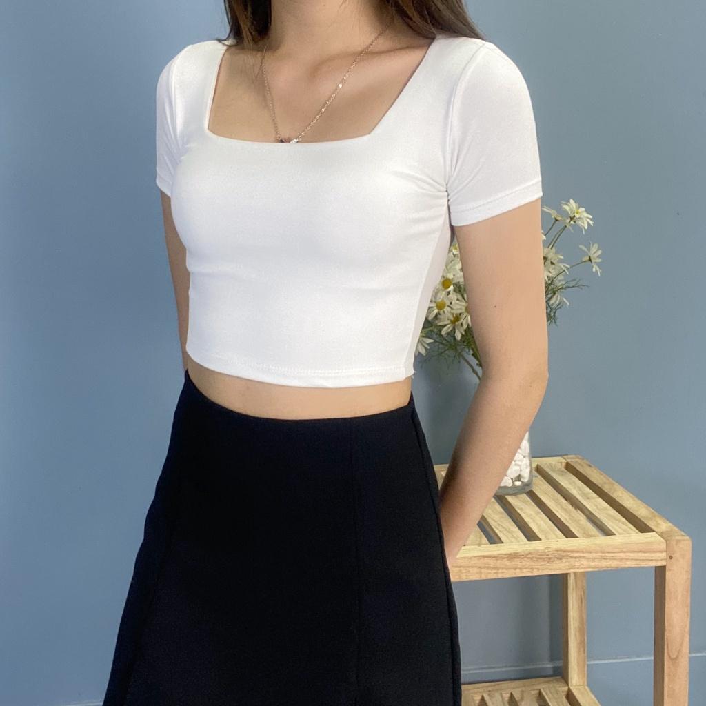 Áo thun croptop nữ EMIX (2 màu), dài 40cm, ngắn tay, cổ vuông, ôm eo, chất díp co giãn, mềm mát, tôn dáng