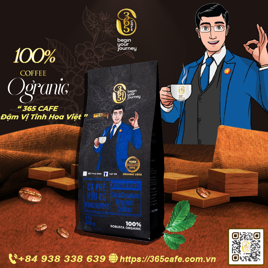 Cà phê Robusta VinaCreative 100% Organic 365 CAFE rang xay nguyên chất, pha phin, pha máy VCO365