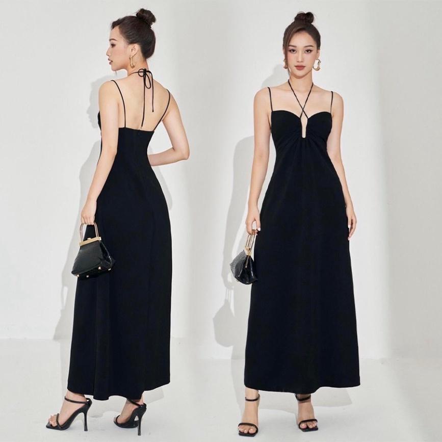 Đầm váy thiết kế maxi 100% cotton hai dây đen hở lưng cúp ngực midi dài đi biển dự tiệc dạo phố rẻ đẹp bigsize