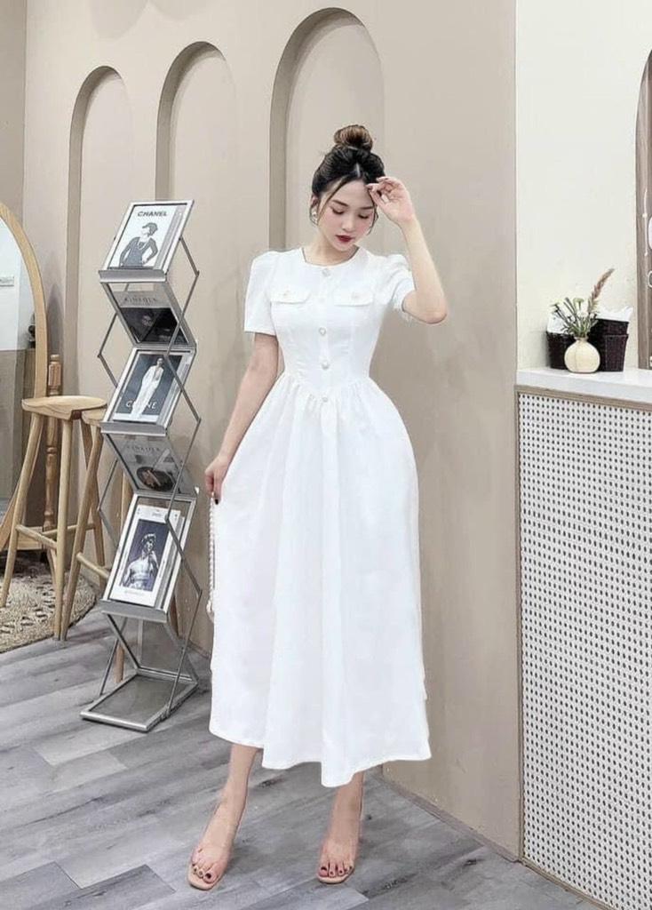ĐẦM XÒE CỔ TRÒN PHỐI NÚT 13589