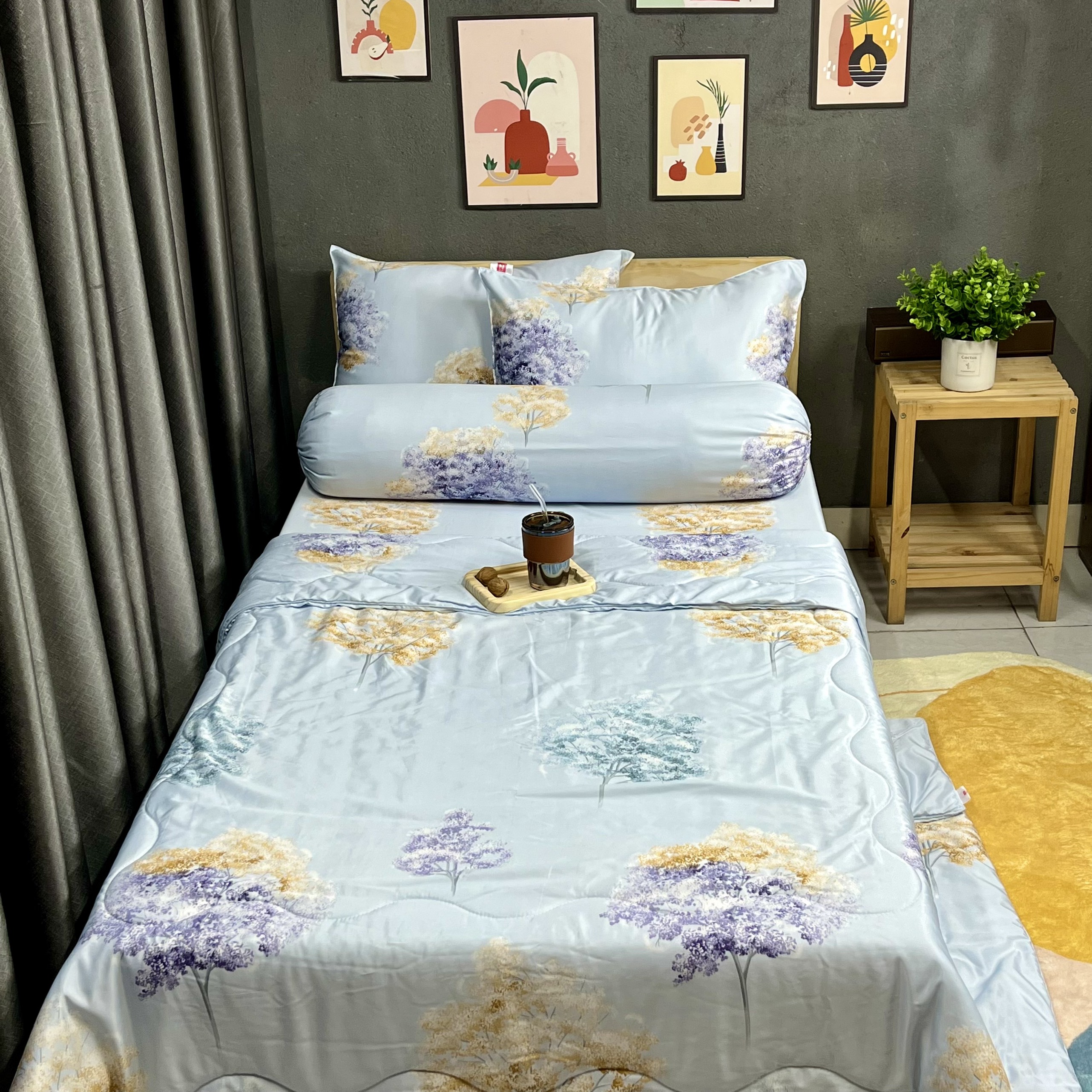 Bộ Chăn Ga Gối Đệm Phi Lụa Tencel Bộ Chăn Ga 5 Món Drap Giường