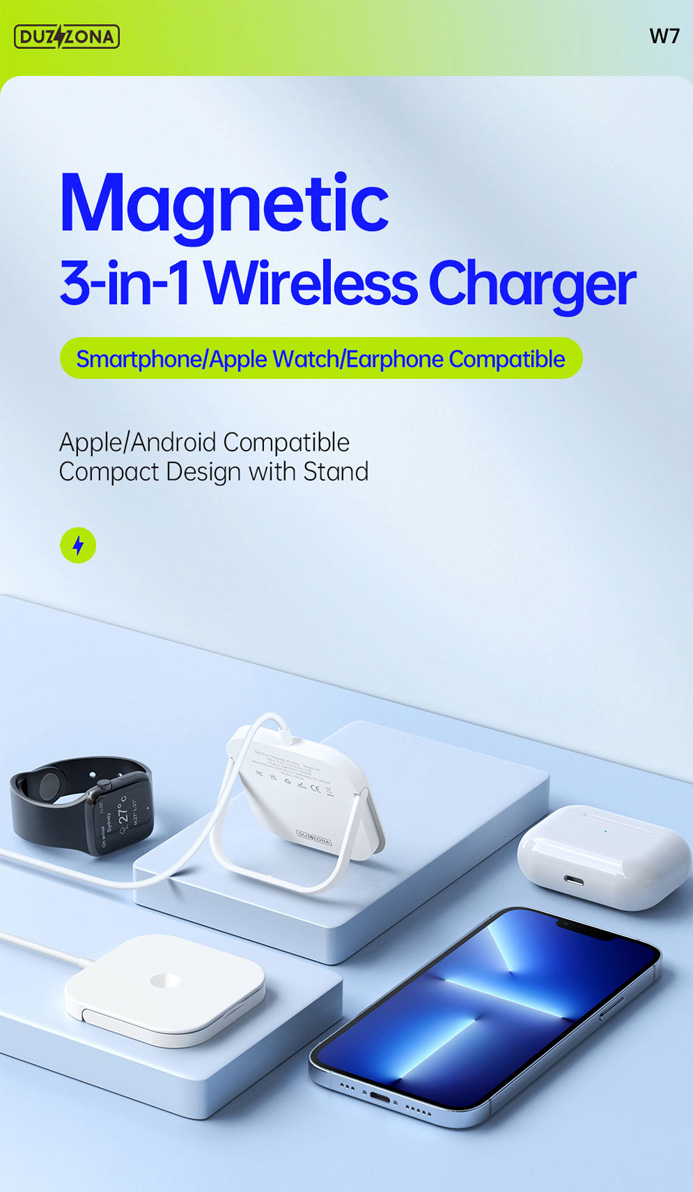 Duzzona W7 sạc Magnetic 3 in 1 cho iPhone/Androids/Apple Watch/AirPods - Hàng Chính Hãng