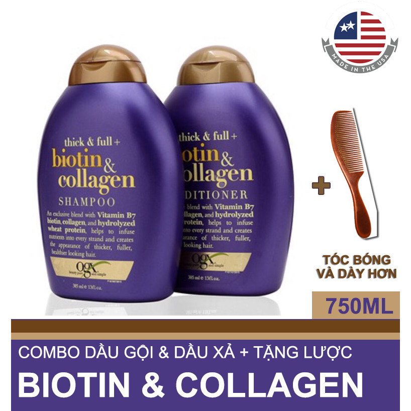 Combo Bộ Đôi Dầu Gội Và Dầu Xả OGX Biotin &amp; Collagen 385ml + Tặng Lược - Chính hãng