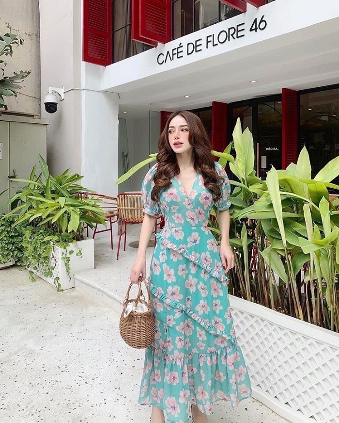 Đầm xòe hoa lai bèo ngực đắp chéo dáng dài siêu xinh - VN352101