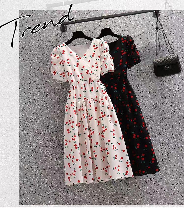 TOBE1SHOP Quần áo mùa hè 2023 Cherry in tay áo ngắn Vintage V cổ thắt lưng thiết kế cảm giác đầm cho phụ nữ