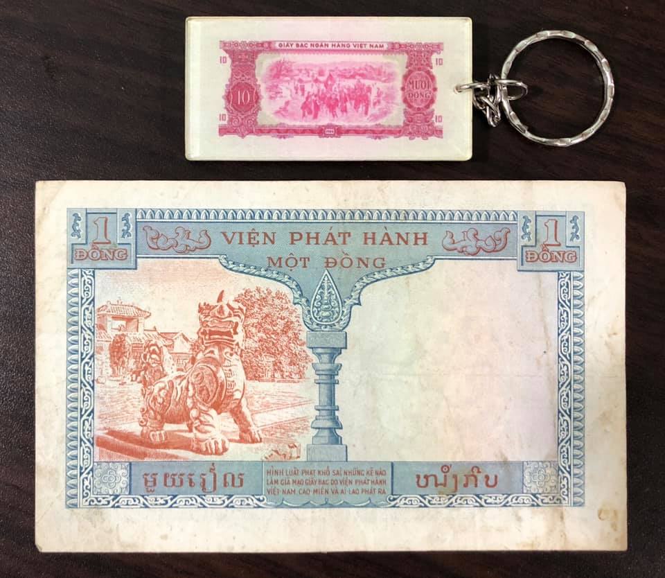 Tờ 1 đồng Đông Dương 3 nước Việt Nam, Lào, Campuchia (kèm móc chìa khóa hình tiền xưa lạ mắt)