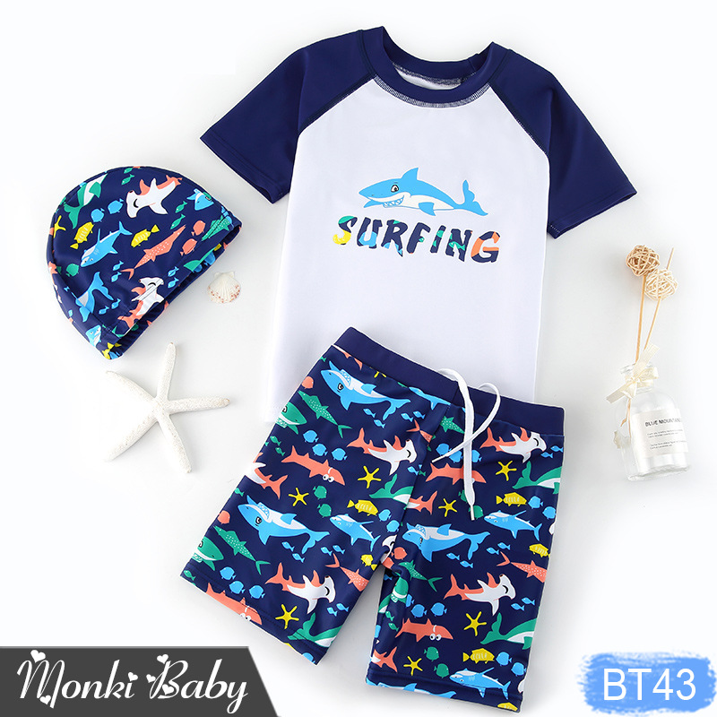Bộ bơi đẹp cho bé trai vừa và lớn, có size đại đến 48kg, tặng kèm mũ, chất thun bơi lạnh mịn đẹp dày dặn, họa tiết sắc nét phù hợp với bé trai | BT43
