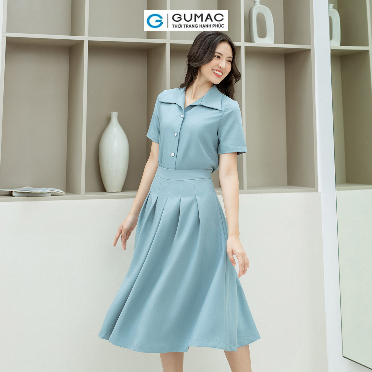 Set lẻ Áo kiểu tay ngắn GUMAC AD08028 - Chân váy A xếp ly GUMAC VD08037