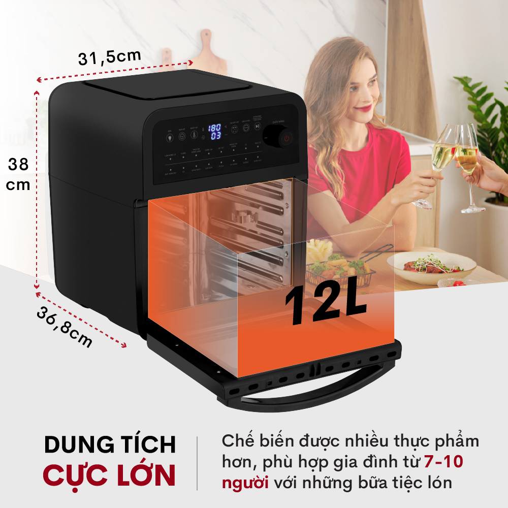 Nồi chiên không dầu 12L điện tử Nhật Bản FUJIHOME tự ngắt (kèm đủ 7 món phụ kiện), Lò chiên không khí không hơi nước 12 lít air fryer - Hàng Nhập Khẩu