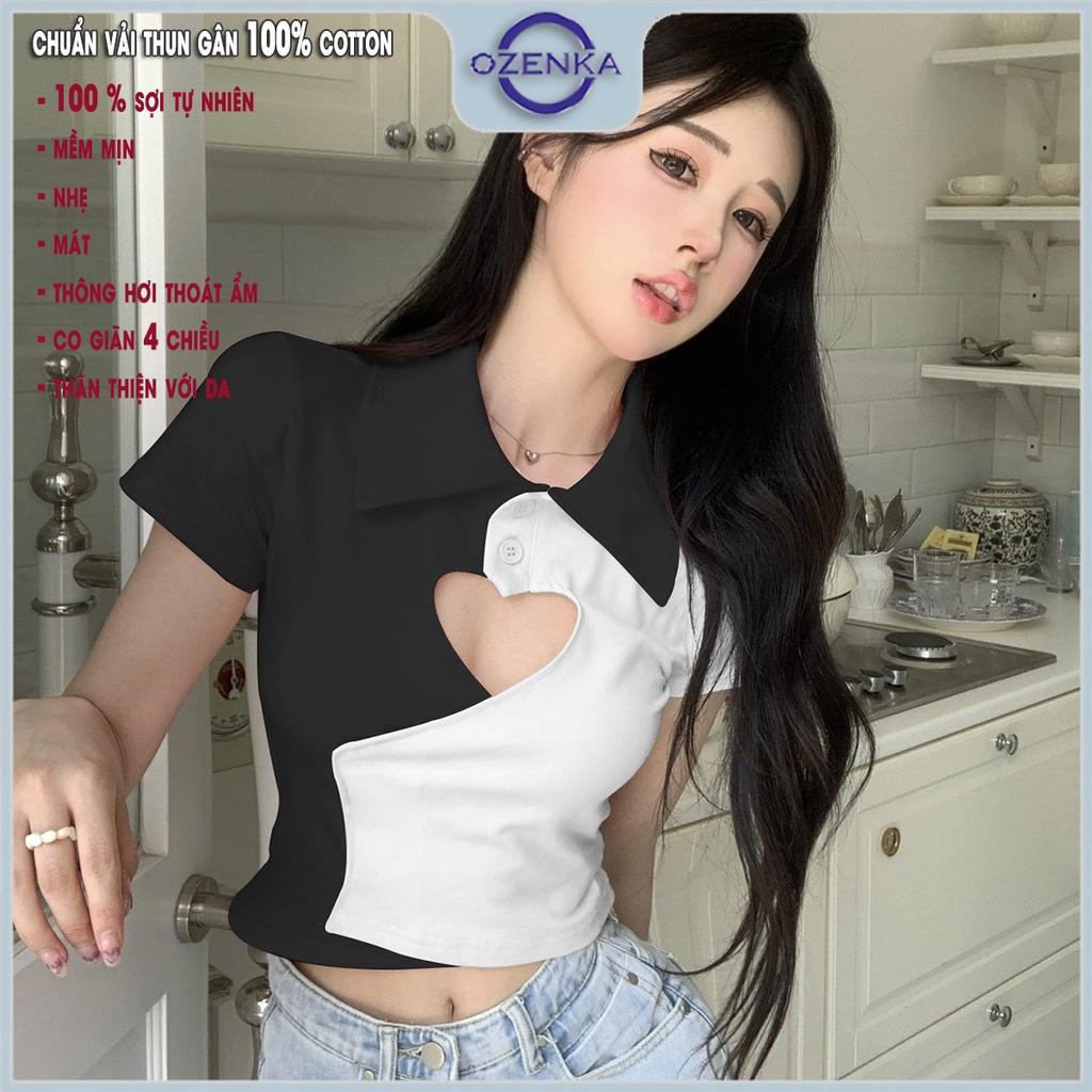 Áo croptop polo kiểu khoét trái tim cài khuy cộc tay nữ Ozenka , áo crt thun cotton cái màu đen trắng dưới 55 cân