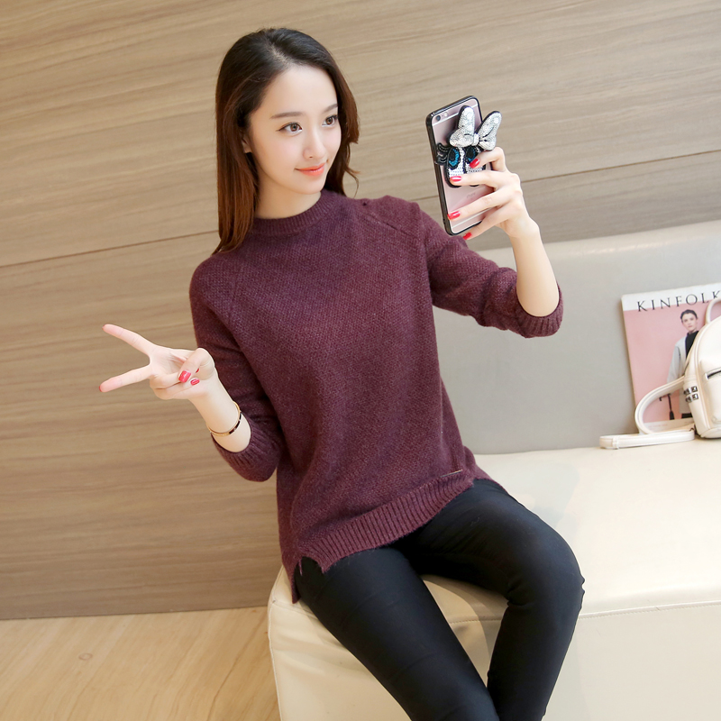 Áo len nữ trơn cổ tròn xẻ tà vải len dày mịn mặc ấm HB03