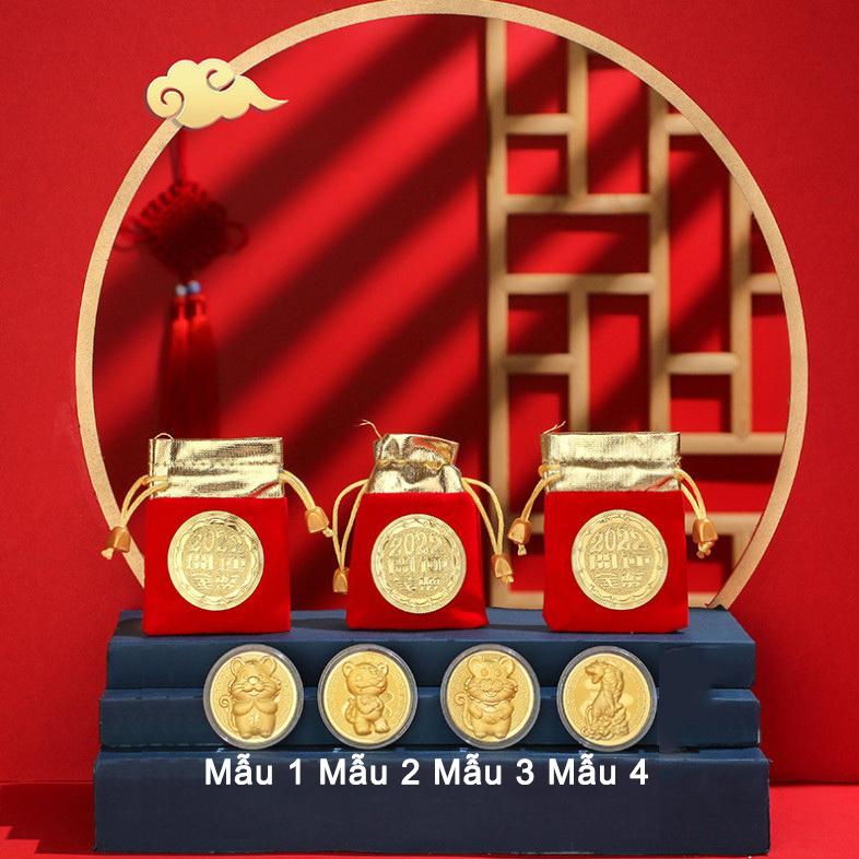 ĐỒNG XU HỔ VÀNG KÈM TÚI GẤM ĐỎ MAY MẮN CÁT TƯỜNG - MẪU XU 2