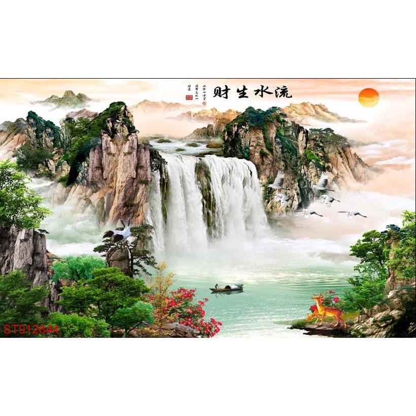Tranh dán tường 3D thác nước sơn thủy
