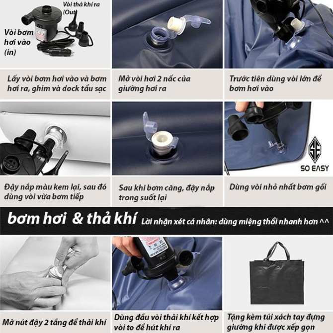 Giường hơi ô tô, Đệm hơi nhung cao cấp tặng kèm bơm điện, gối, miếng vá dự phòng - Loại chân rời dùng nhiều nơi