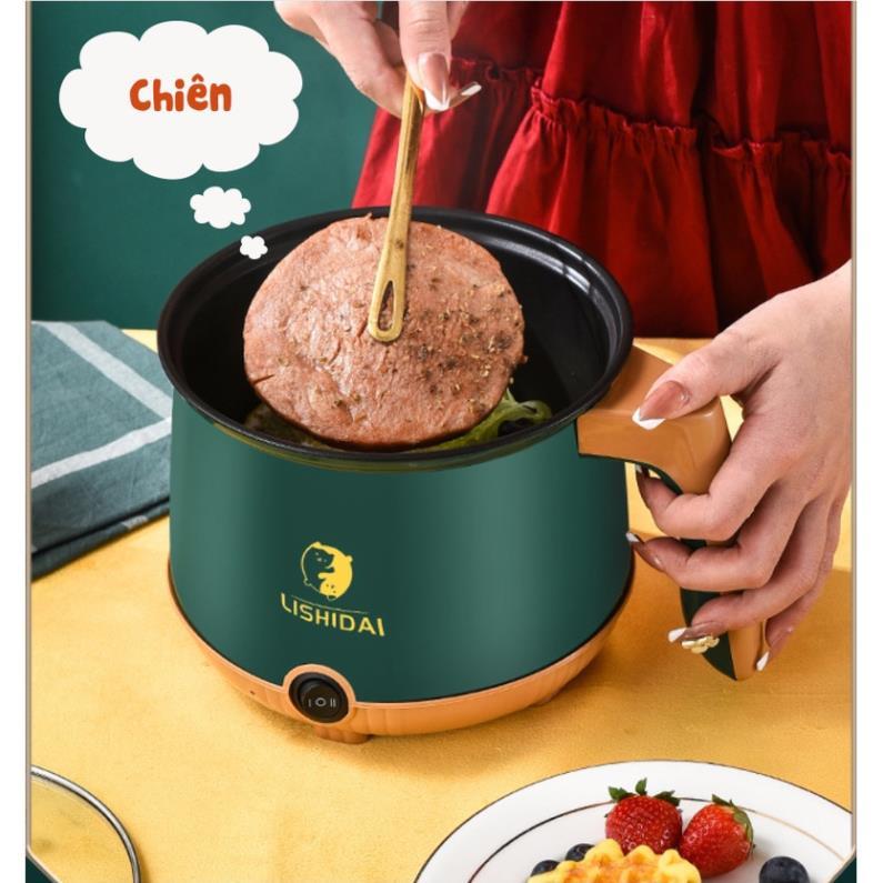 Ca nấu mì 1.8L SHANBAN đa năng có lồng hấp Inox Bếp lẩu điện nồi tráng men hấp, chiên, xào, lẩu, cháo, soup