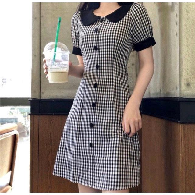 ĐẦM SUÔNG NỮ CARO PHỐI NÚT DỌC