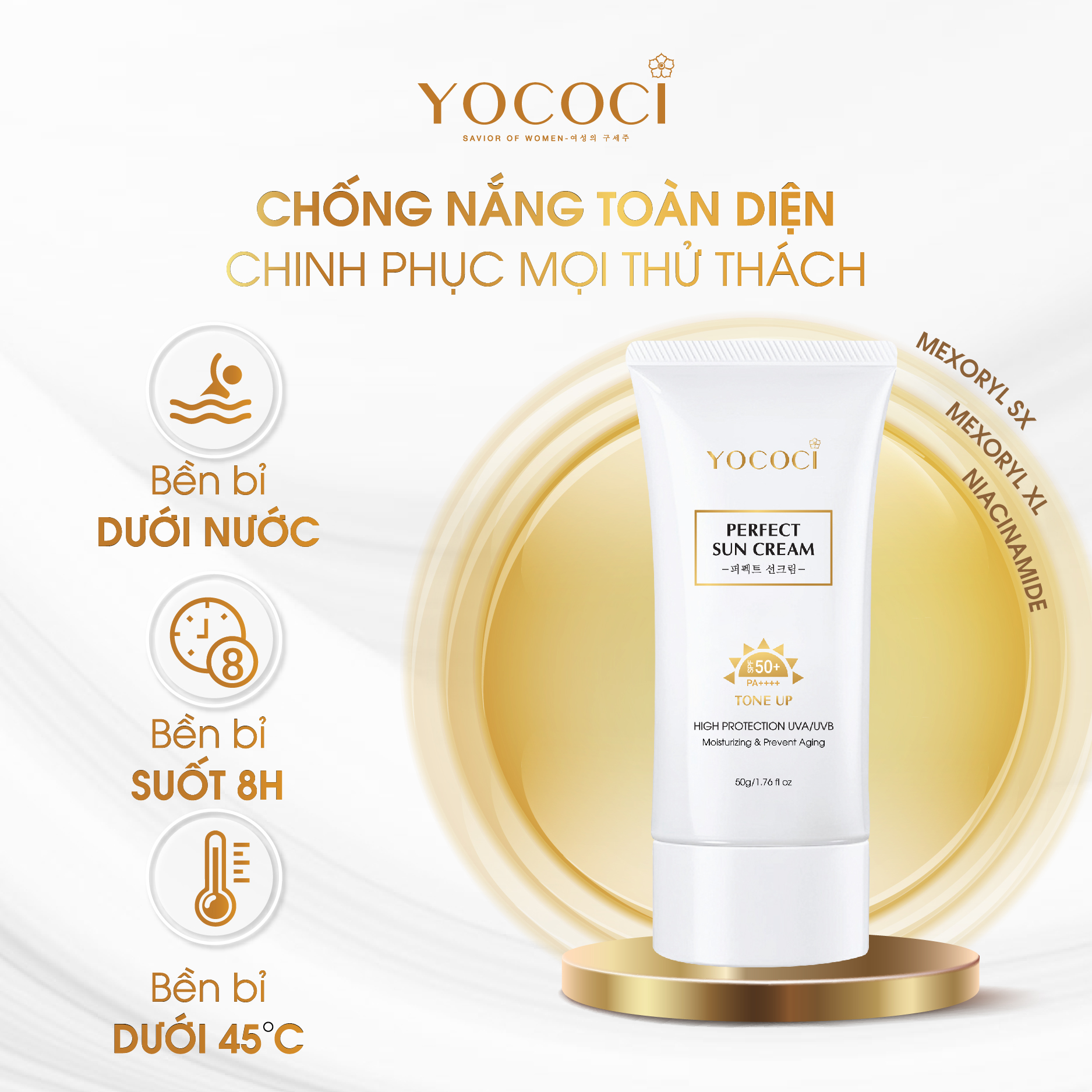[TẶNG NƯỚC TẨY TRANG]Kem chống nắng Yococi giúp ngăn tia UVA/UVB, nâng tone lâu trôi Perfect Sun Cream SPF50+ PA++++ 50g