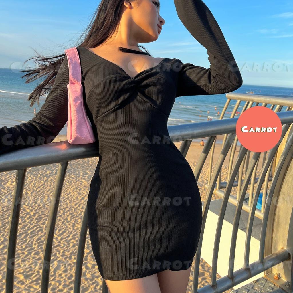 Đầm body trắng sexy tay dài dự tiệc váy dáng ôm khoét ngực soắn ngực chất thun co giãn tốt freesize carrotxinhdep
