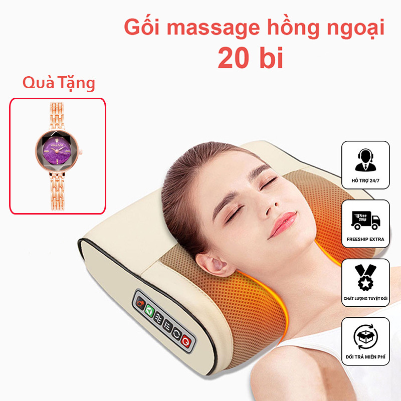 Gối massage cổ vai gáy, máy massage hồng ngoại 16 bi cao cấp
