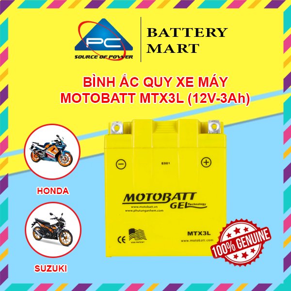 Ắc quy xe máy MOTOBATT MTX3L 12V - 3AH, dùng cho xe NSR 150, Sport, RG110, RGV120