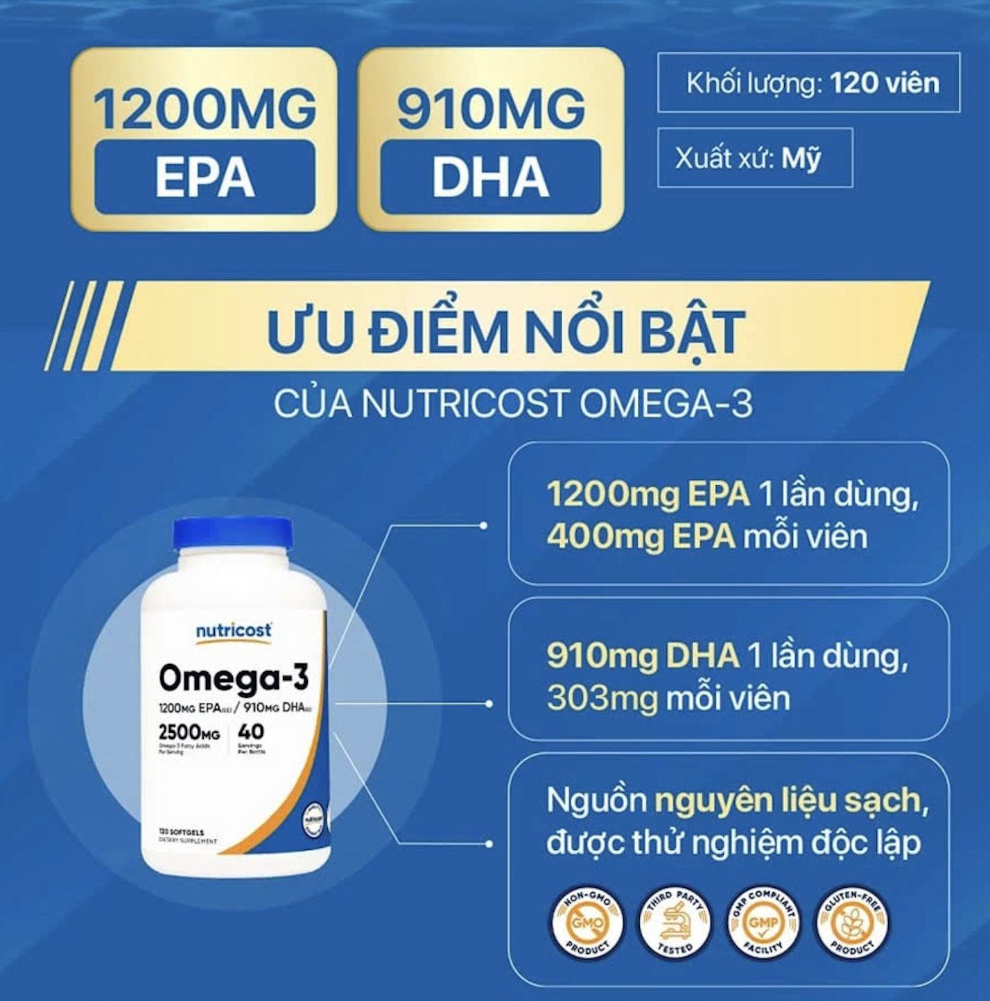 Nutricost Omega-3 2500mg (120 viên), Viên Uống Hỗ Trợ Sức Khỏe Toàn Diện, Bổ Sung EPA Và DHA