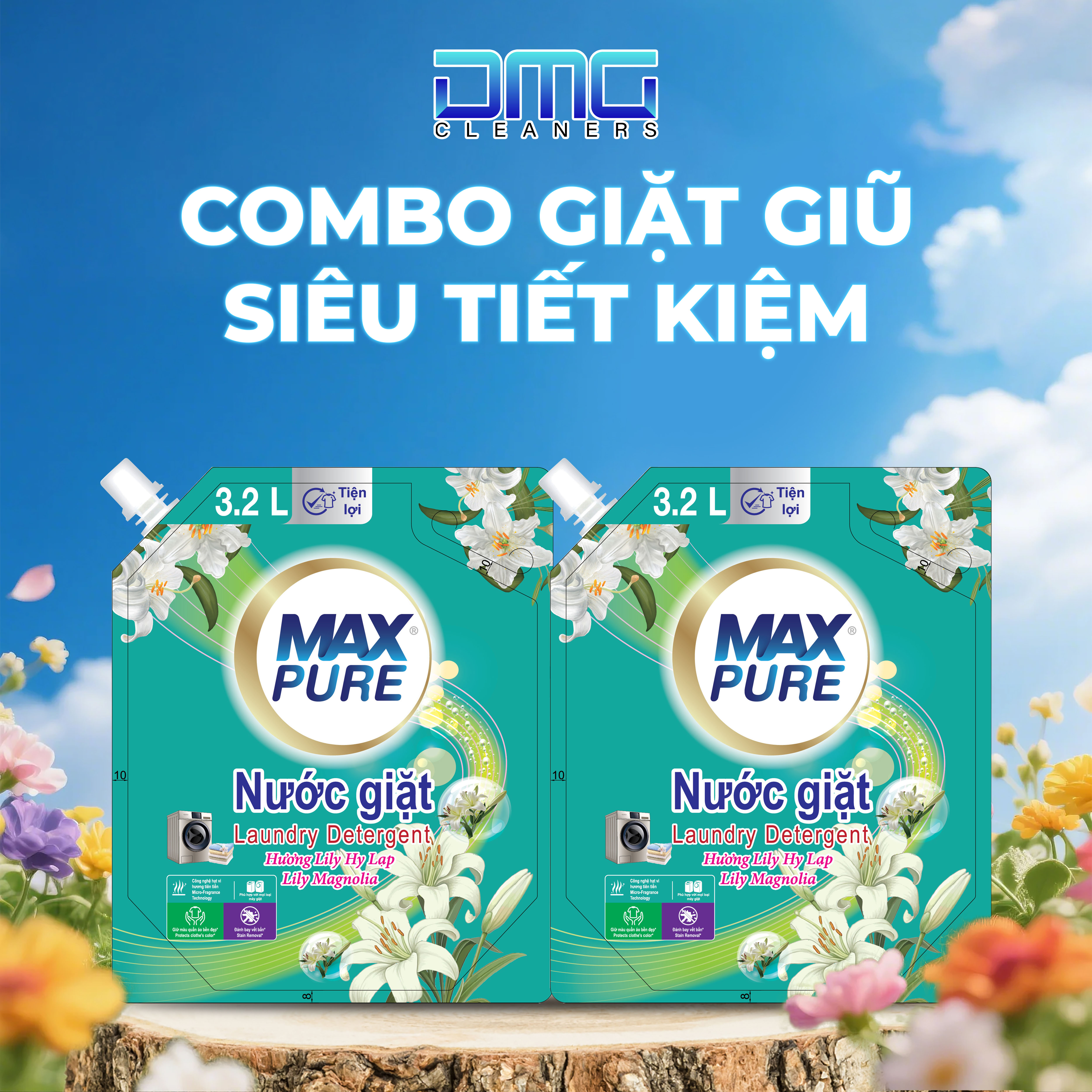 Combo Giặt Giũ Siêu Tiết Kiệm 2 Túi Nước Giặt Maxpure: 1 Túi Hương Lily Hy Lạp + 1 Túi Hương Hoa Hồng (Mỗi Túi 3.2L)