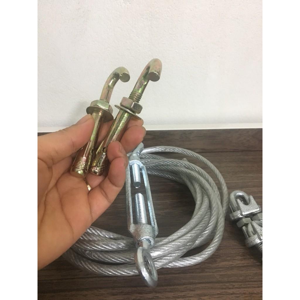 Combo dây phơi quần áo mạ kẽm bọc nhựa chống rỉ sắt ( Dây phi 5 kèm 2 Nở móc 8 - 1 Tăng đơ 8 - 2 Khóa cáp 6)