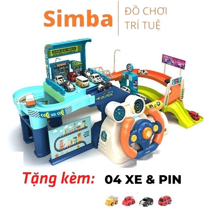 Đồ chơi đua xe ô tô kèm vô lăng phát nhạc kết hợp bãi đỗ xe oto có thang cuốn chạy tự động đồ chơi