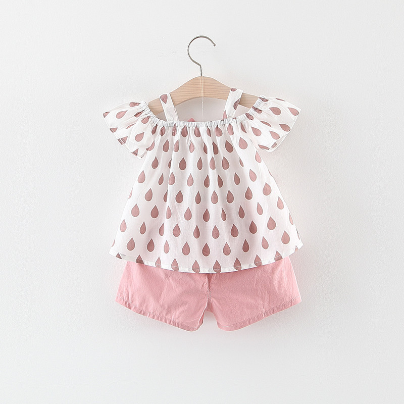 Bộ Quần Áo 2 Dây Trễ Vai Xuất Hàn Họa Tiết Hạt Mưa Đính Nơ Điệu Đà Cho Bé Gái