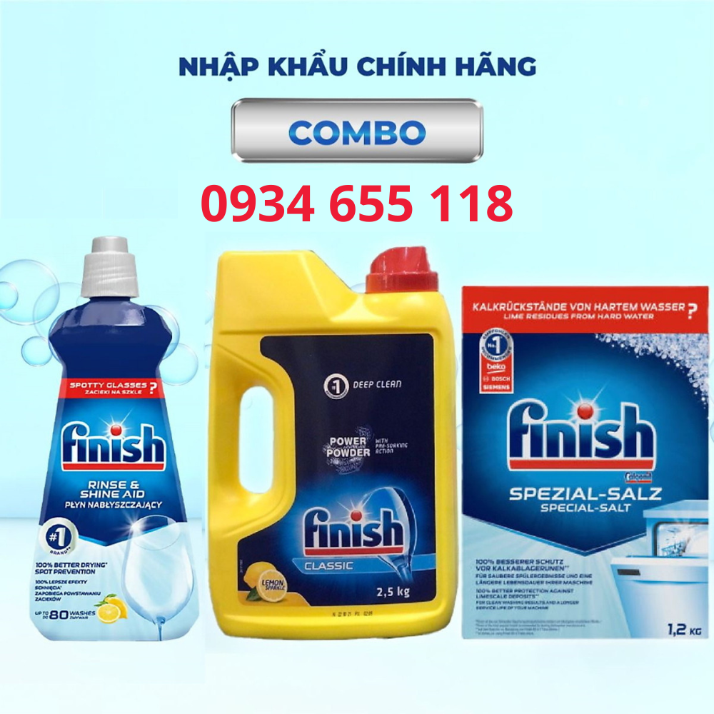 Combo Bột rửa bát Finish 2,5kg + Muối  Finish  1,2kg + Nước làm bóng  Finish  400ml  +Tặng  viên Finish