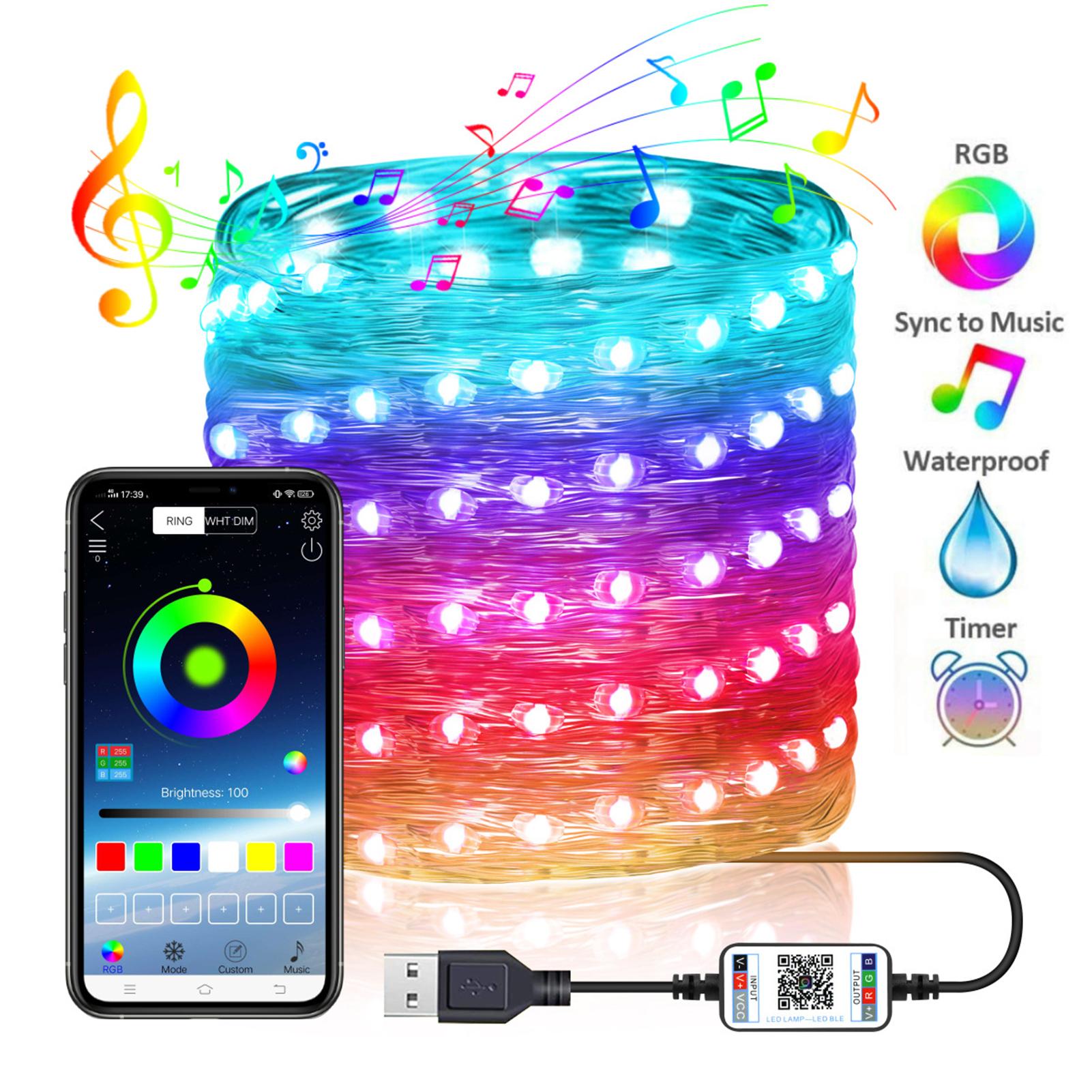 Dải đèn led cổ tích RBG sạc bằng USB có nhạc, điều khiển bằng app