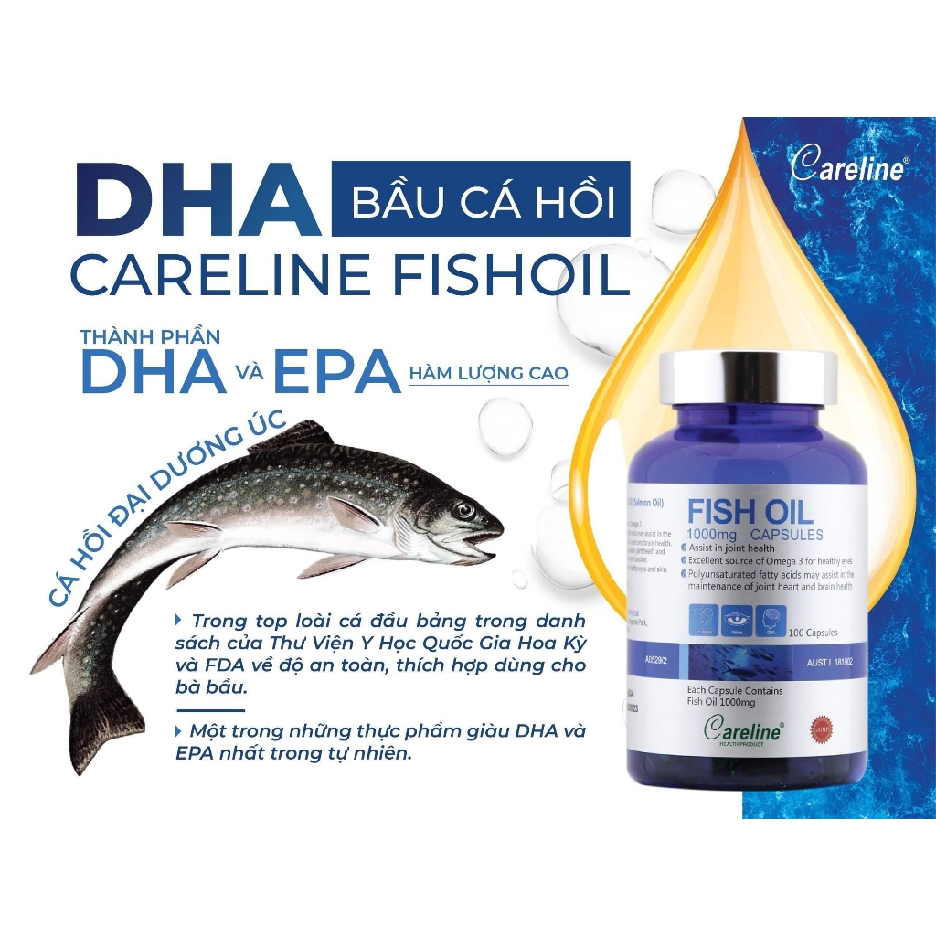 DHA Cho Bà Bầu CareLine Fish Oil 1000mg - Bổ Sung DHA Hàm Lượng Cao Giúp Não Bộ Trẻ Phát Triển Toàn Diện (Hộp 100 Viên)