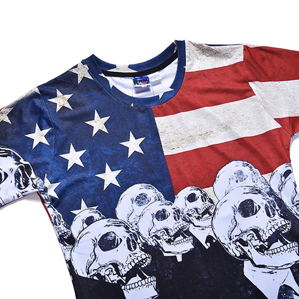 Fashion Men’s Fun T-shirts American Flag Holiday Fancy Dress Round Neck 3D Skull Head Print Tee M - 3XL