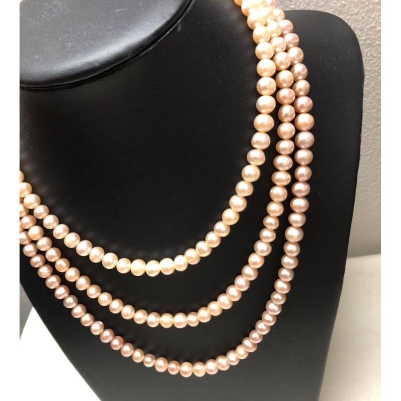Vòng Cổ Hạt Màu Cam 3 Tầng Size 6-7ly, Vòng Cổ Ngọc Trai Nước Ngọt Tự Nhiên Sang Trọng - Trường Thịnh Ngọc Trai
