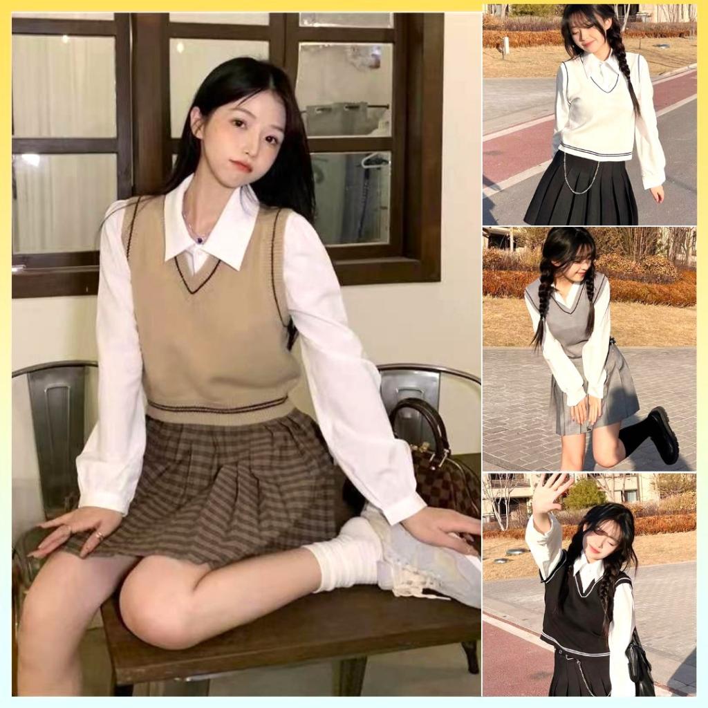 Áo len nữ Montoghi Quảng Châu GILE kiểu 2 lớp TAY DÀI phối cổ sơ mi xinh xắn