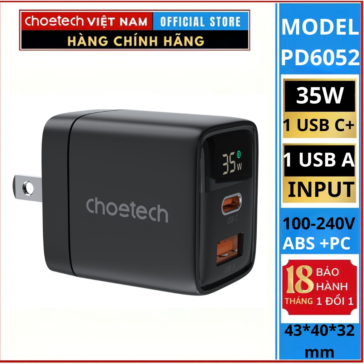 Củ sạc Choetech PD6052 nhanh 35W 2 cổng Usb A+ Type C (Hàng chính hãng)