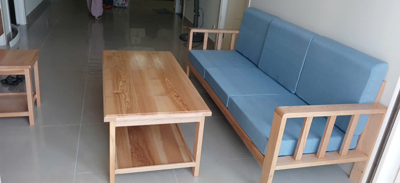 Bộ sofa băng gỗ Juno Sofa kèm nệm, bàn và 1 ghế đôn hiện đại, giá rẻ, tiện lợi