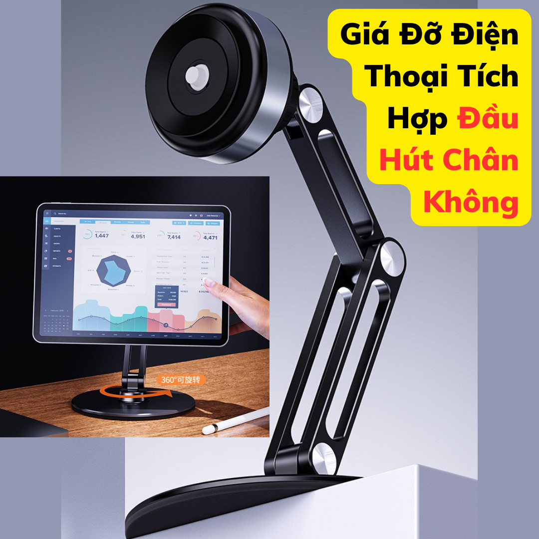 Giá Đỡ Điện Thoại 3 Khớp Xoay 360 Độ Tích Hợp Đầu Hút Chân Không Siêu Mạnh - Kệ Điện Thoại Gấp Gọn Đa Năng hợp kim nhôm