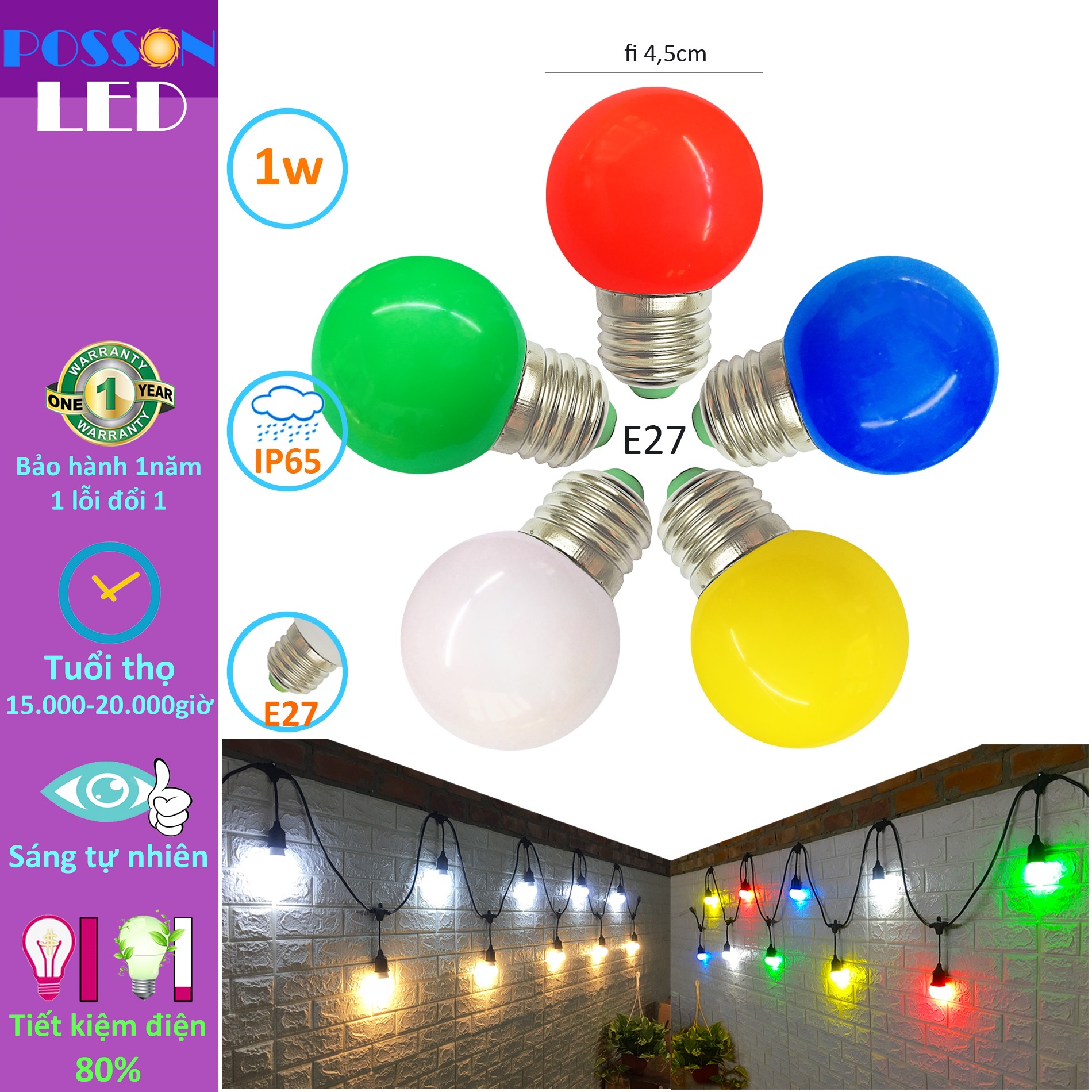 10 Bóng đèn Led 1w quả trái chanh bup tròn đui E27 màu sắc lựa chọn trang trí ngoài trời AC220V Posson LL-x