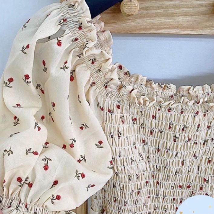 Váy hoa nhí xòe cổ vuông trễ vai ngắn tay chun ngực ulzzang