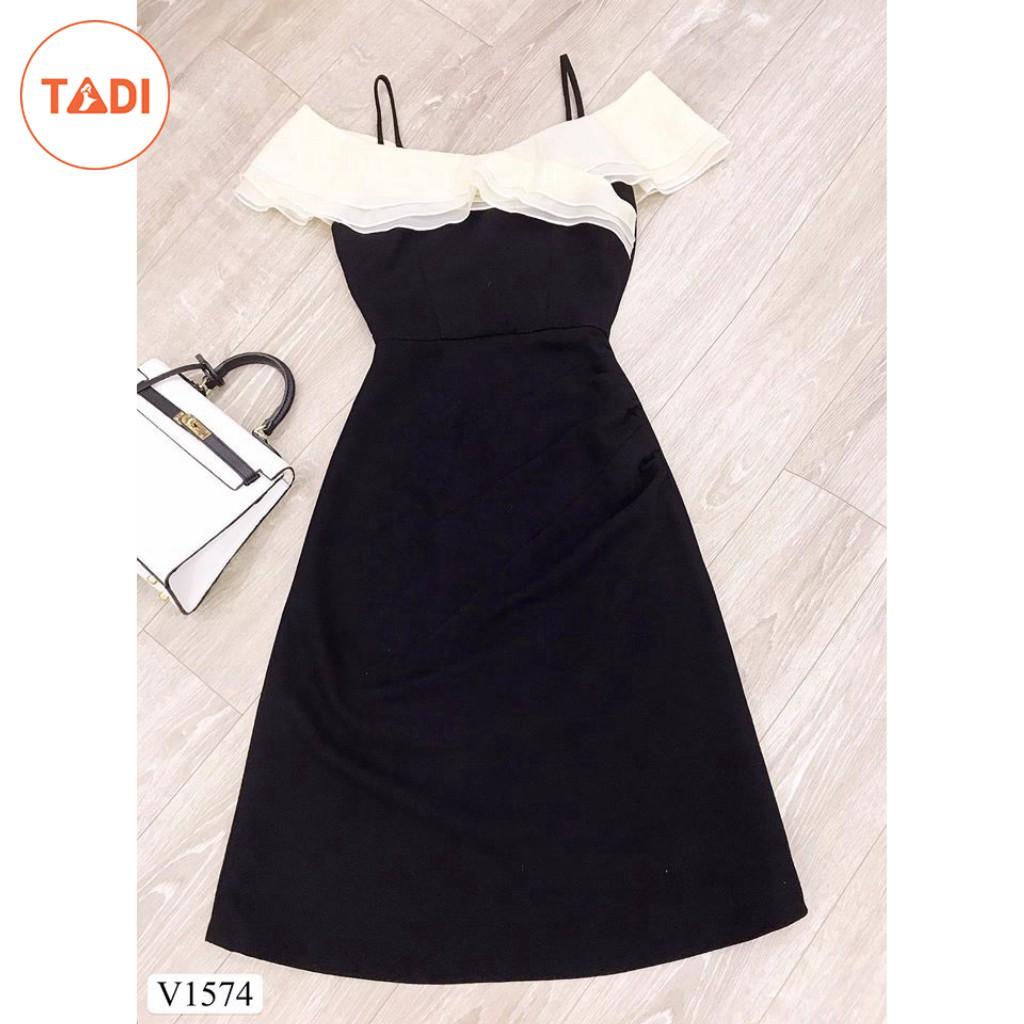 Đầm dự tiệc 2 dây trễ vai màu đen V1574