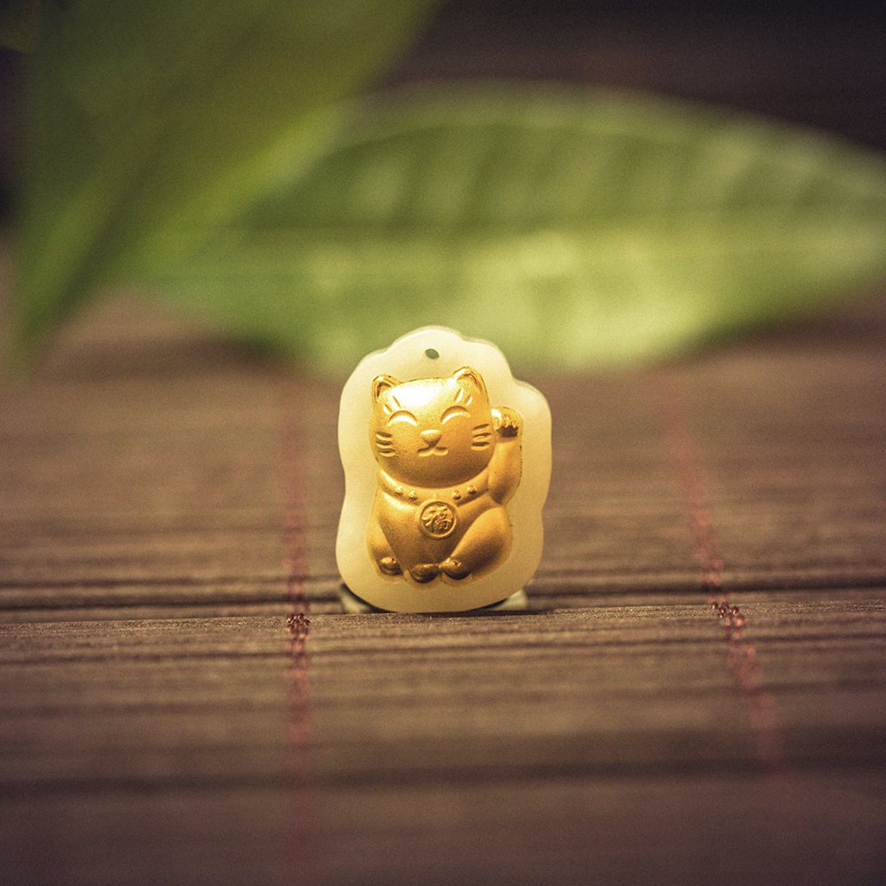 Mặt dây Phỉ thúy dát vàng 24K Mèo Chiêu Tài - Ancarat