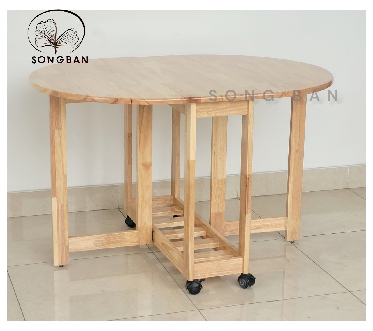 Bộ Bàn Ăn Gỗ Cao Su Xếp Chữ Nhật, Ovan 90x1m2 và 04 Ghế Gỗ Xếp Dày Dặn - Gỗ Song Bản