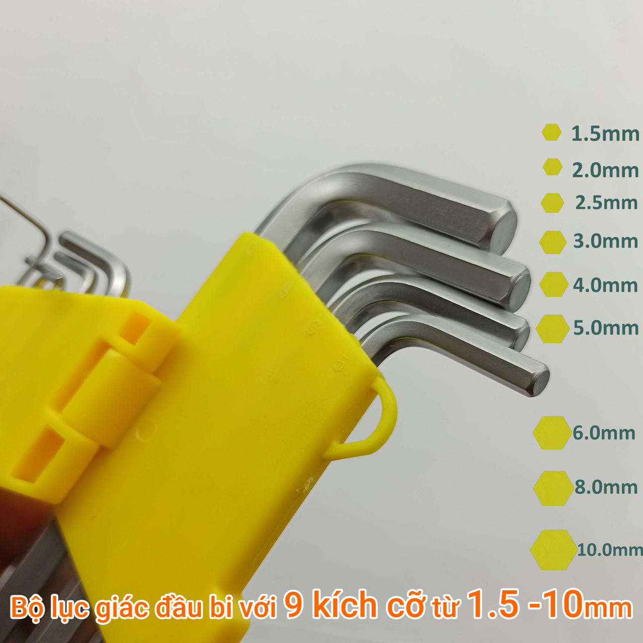 Bộ lục giác bi 9 cây chữ L hệ mét chất liệu thép S2