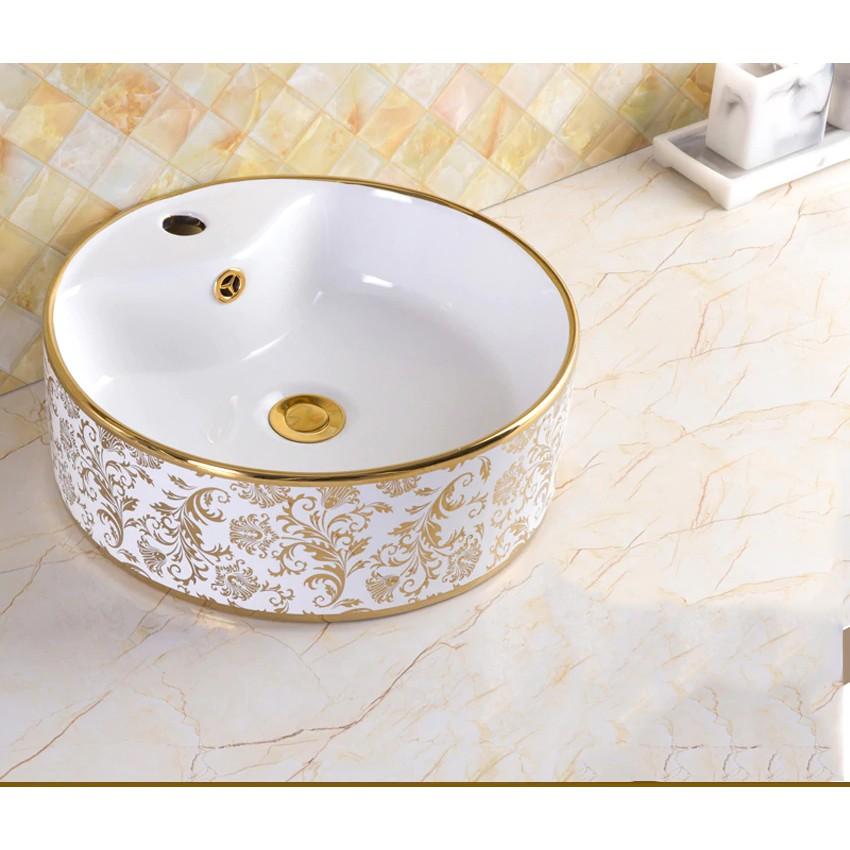 Chậu sứ lavabo tròn để bàn vân cổ điển màu vàng tuyệt đẹp