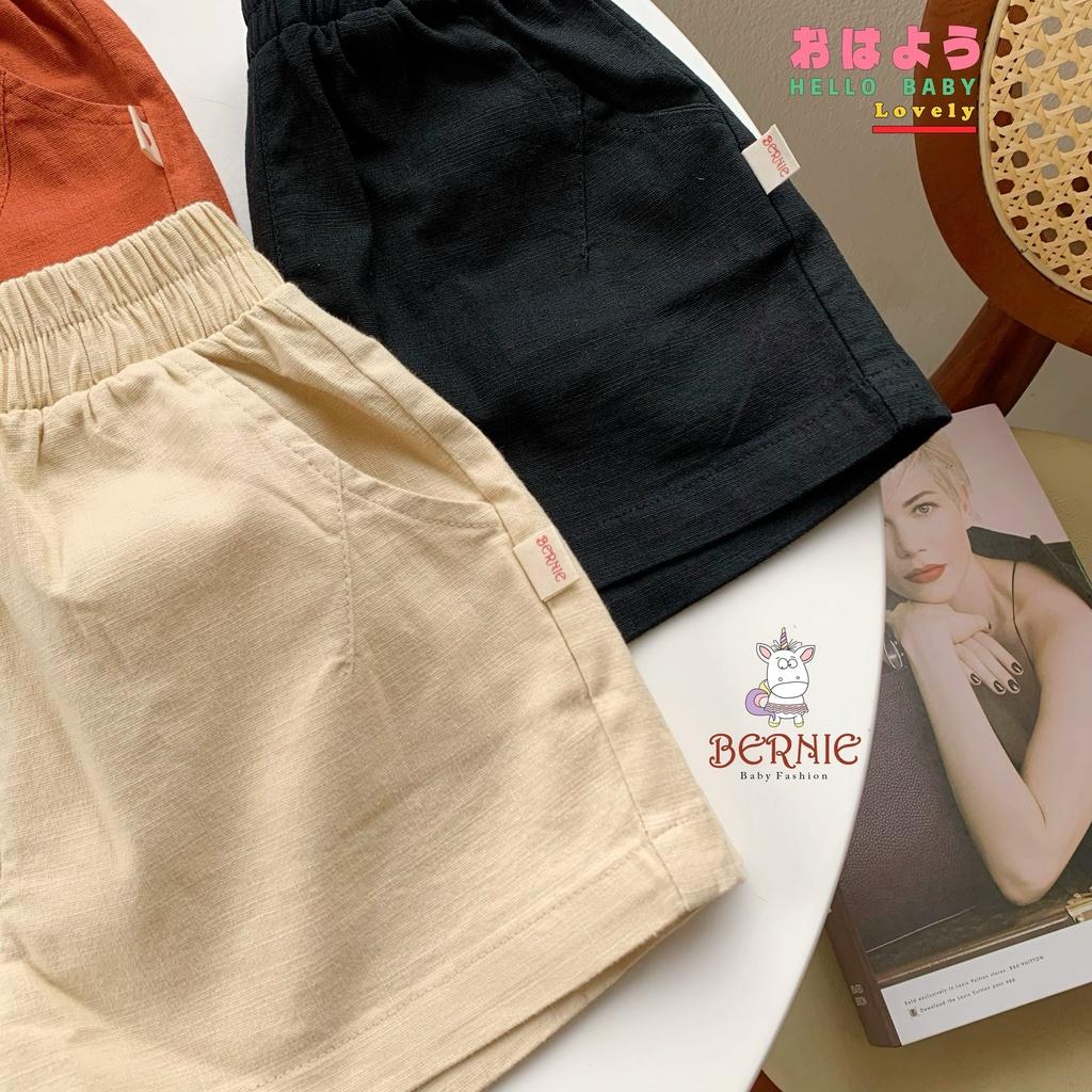 Quần sooc đùi linen kaki mềm bé trai, bé gái unisex có túi màu đen, cam, rêu, be, trắng, hồng